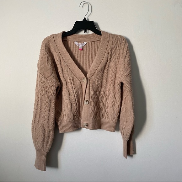 Tan knit cardigan, slightly cropped, with buttons. No boundaries Y2K size S - Picture 2 of 6